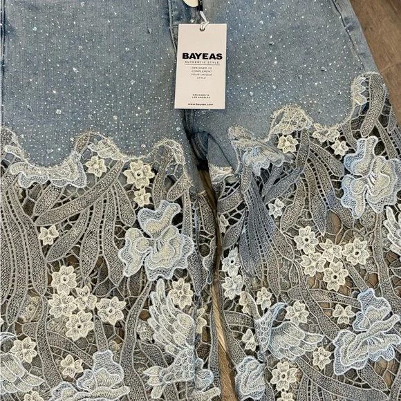 Bayeas Lesley high-rise wide-leg flare jeans floral lace 25 NWT - Picture 3 of 6